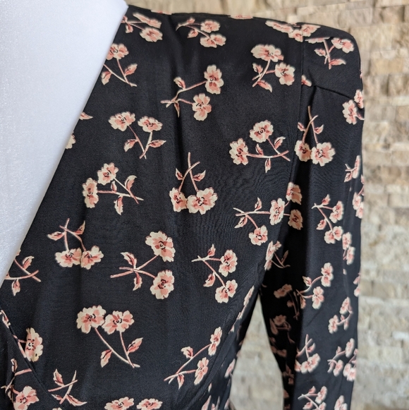 Vintage 90s Black Floral Dress Shoulder Pads Ruffle Slit Button Detail Sz 2 - Picture 3 of 14